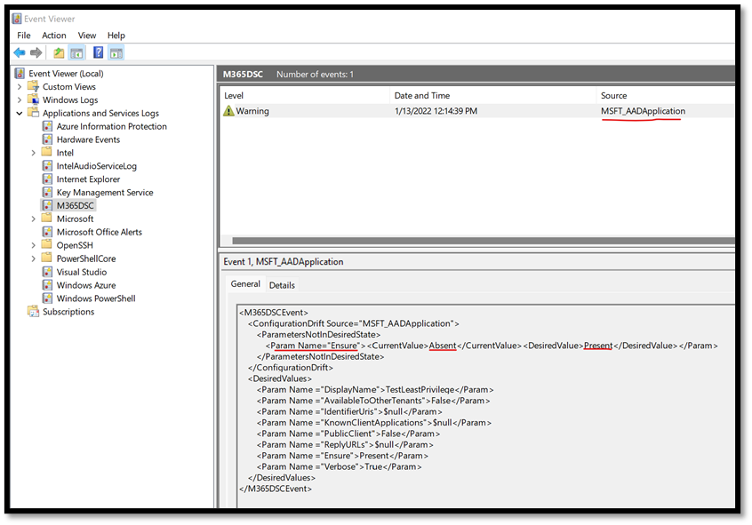 Example of event in the M365DSC event log