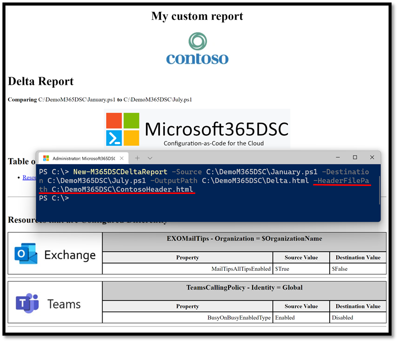 Generating a Delta Report of two configurations with a custom header