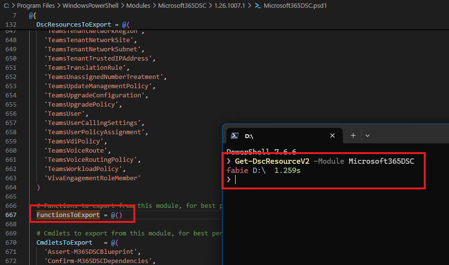 Screenshot of a terminal showing Get-DscResource -Module Microsoft365DSC returning nothing, next to the manifest's FunctionsToExport line.