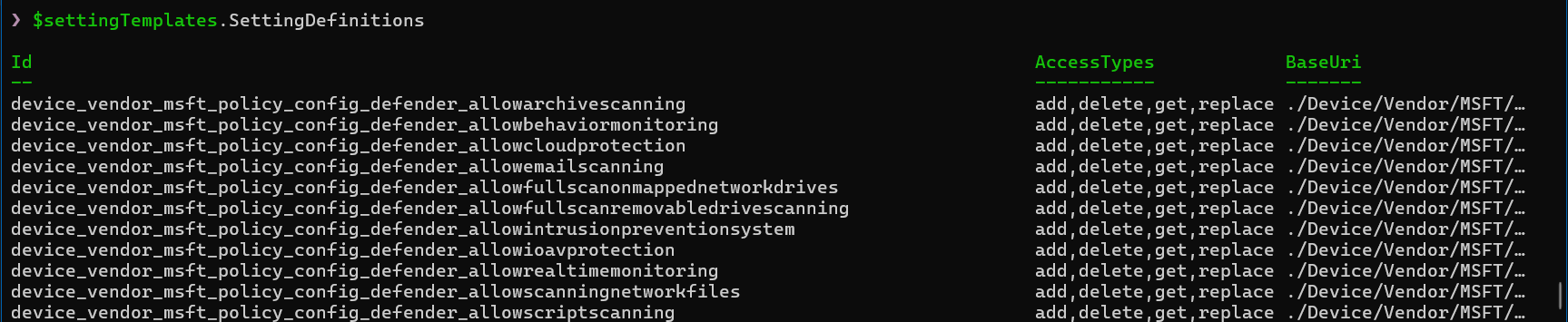 Settings Catalog Template Setting Definitions