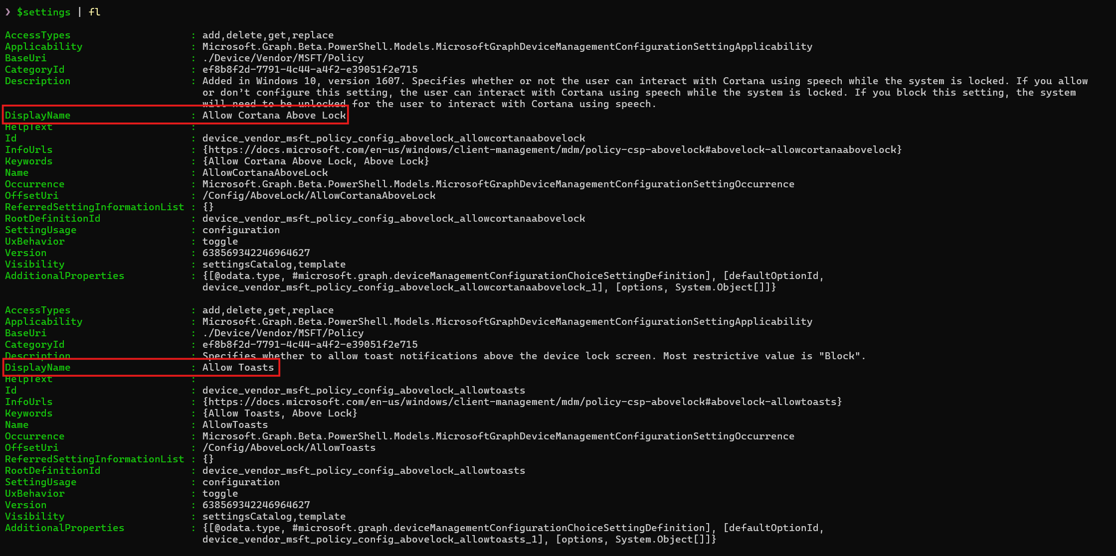 Settings Catalog Category Settings Example
