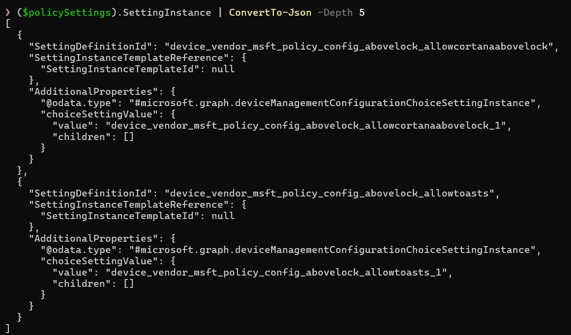 Settings Catalog Policy Settings Example